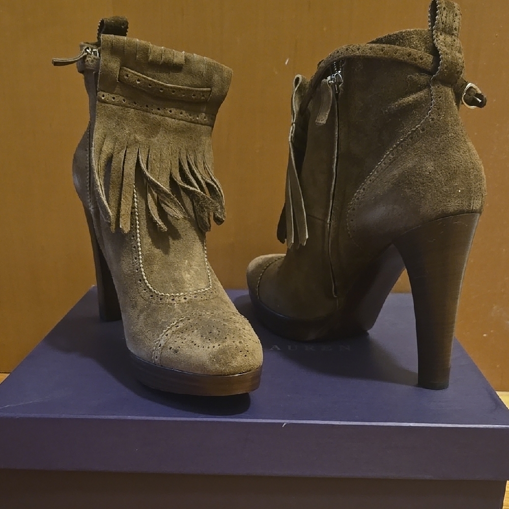 Ralph Lauren Brown Heeled Boots with Fringe Detail